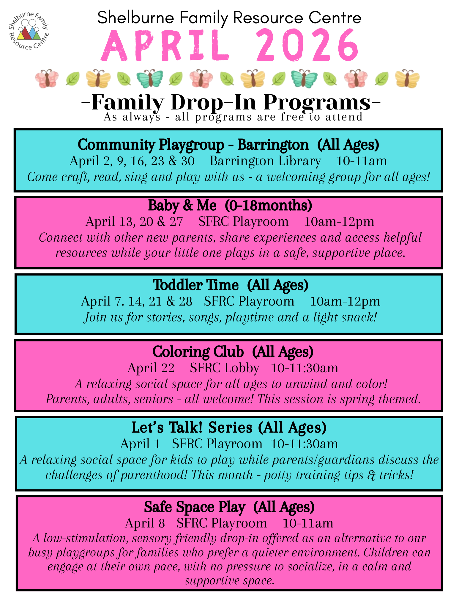 Shelburne April Drop-In Programs 2026