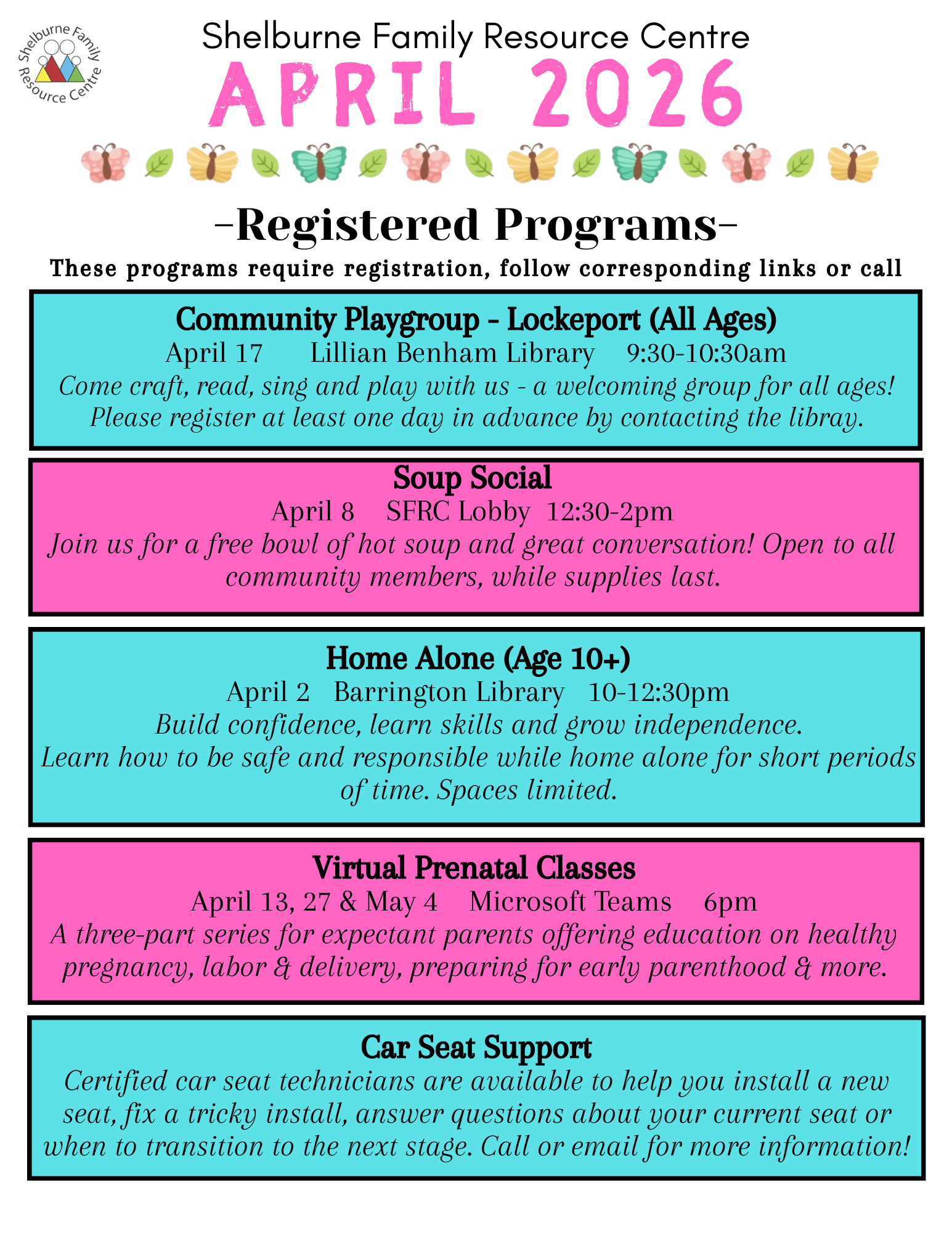 Shelburne April Registered Programs 2026
